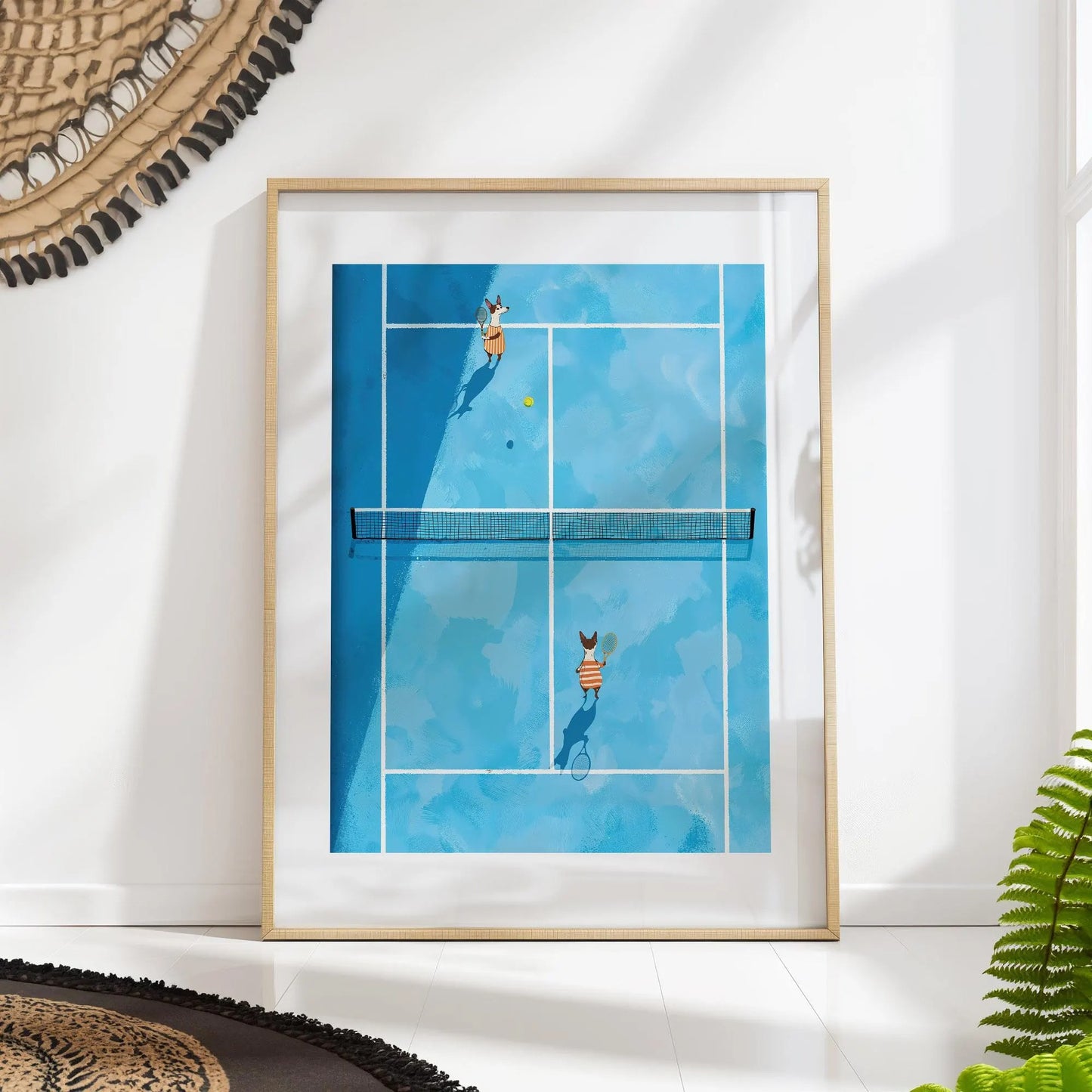 Tennis Dogs Canvas Wall Art, Minimalist Court Print, Modern Dog Sports Decor
