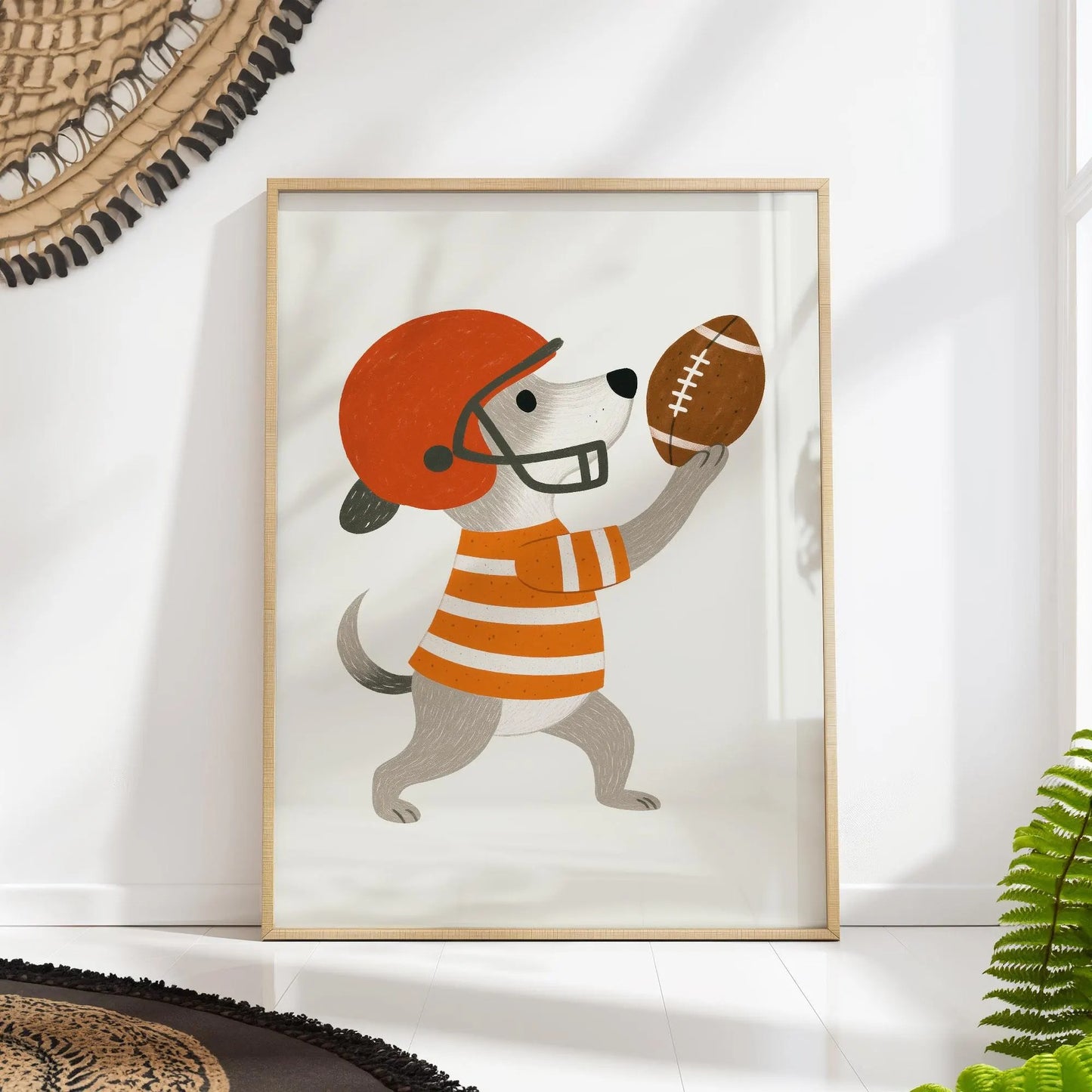Dog Playing Football Canvas Wall Art, Cute Nursery Sports Poster