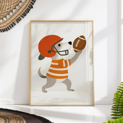 Dog Playing Football Canvas Wall Art, Cute Nursery Sports Poster