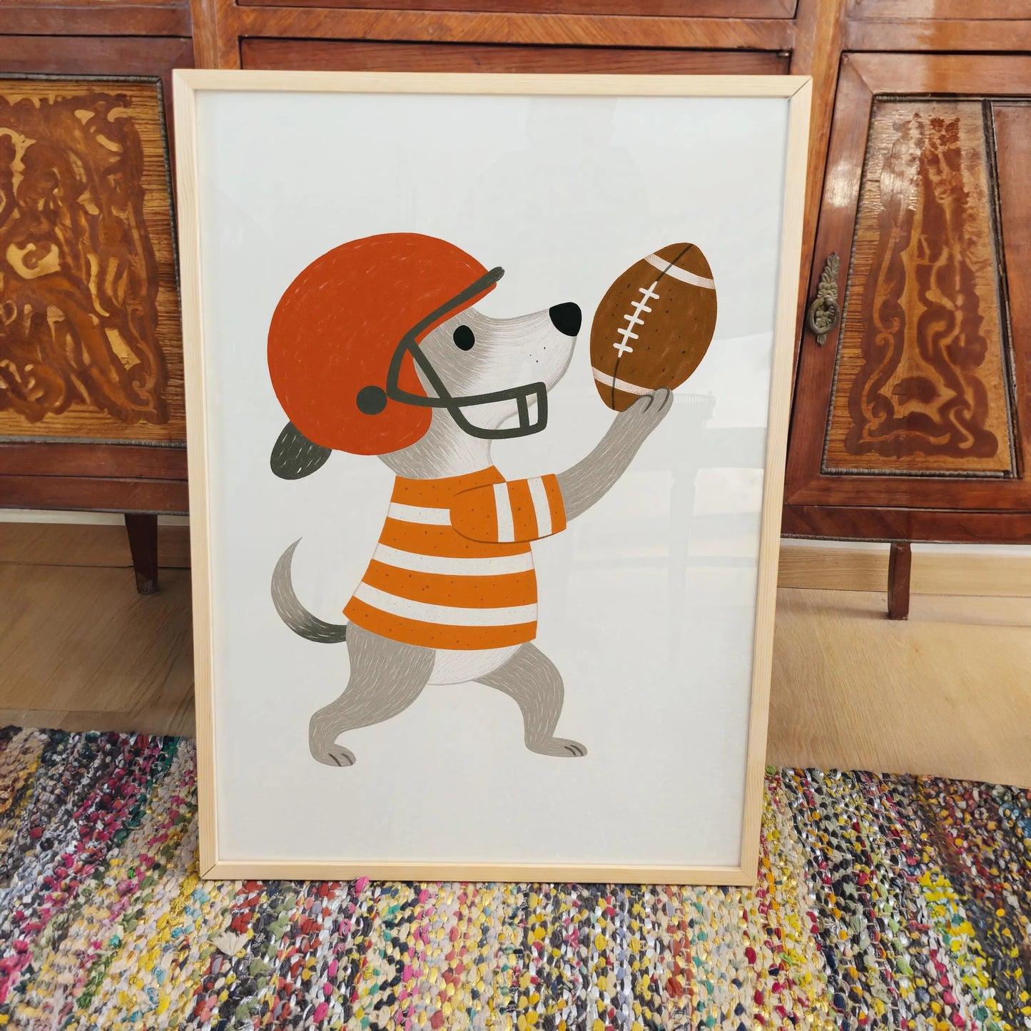 Dog Playing Football Canvas Wall Art, Cute Nursery Sports Poster