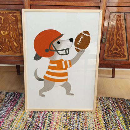 Dog Playing Football Canvas Wall Art, Cute Nursery Sports Poster