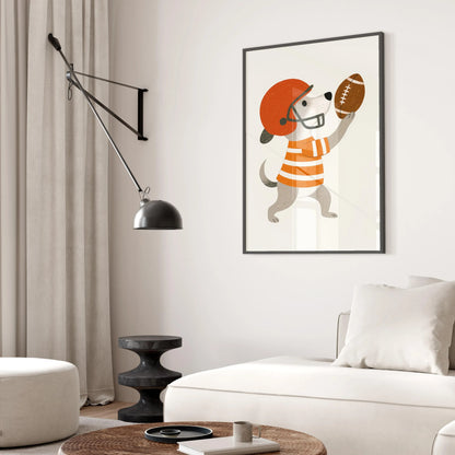 Dog Playing Football Canvas Wall Art, Cute Nursery Sports Poster