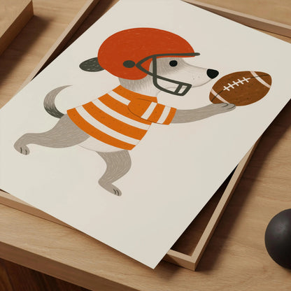 Dog Playing Football Canvas Wall Art, Cute Nursery Sports Poster