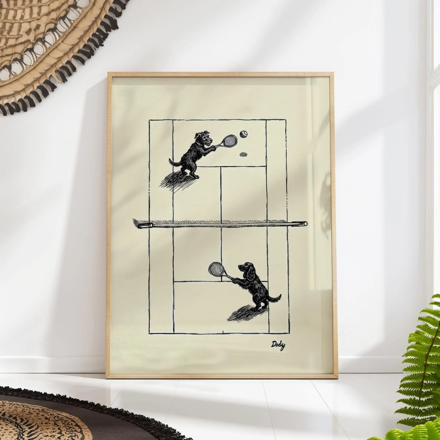 Dogs Playing Tennis Canvas Wall Art, Vintage Ink Drawing Print,