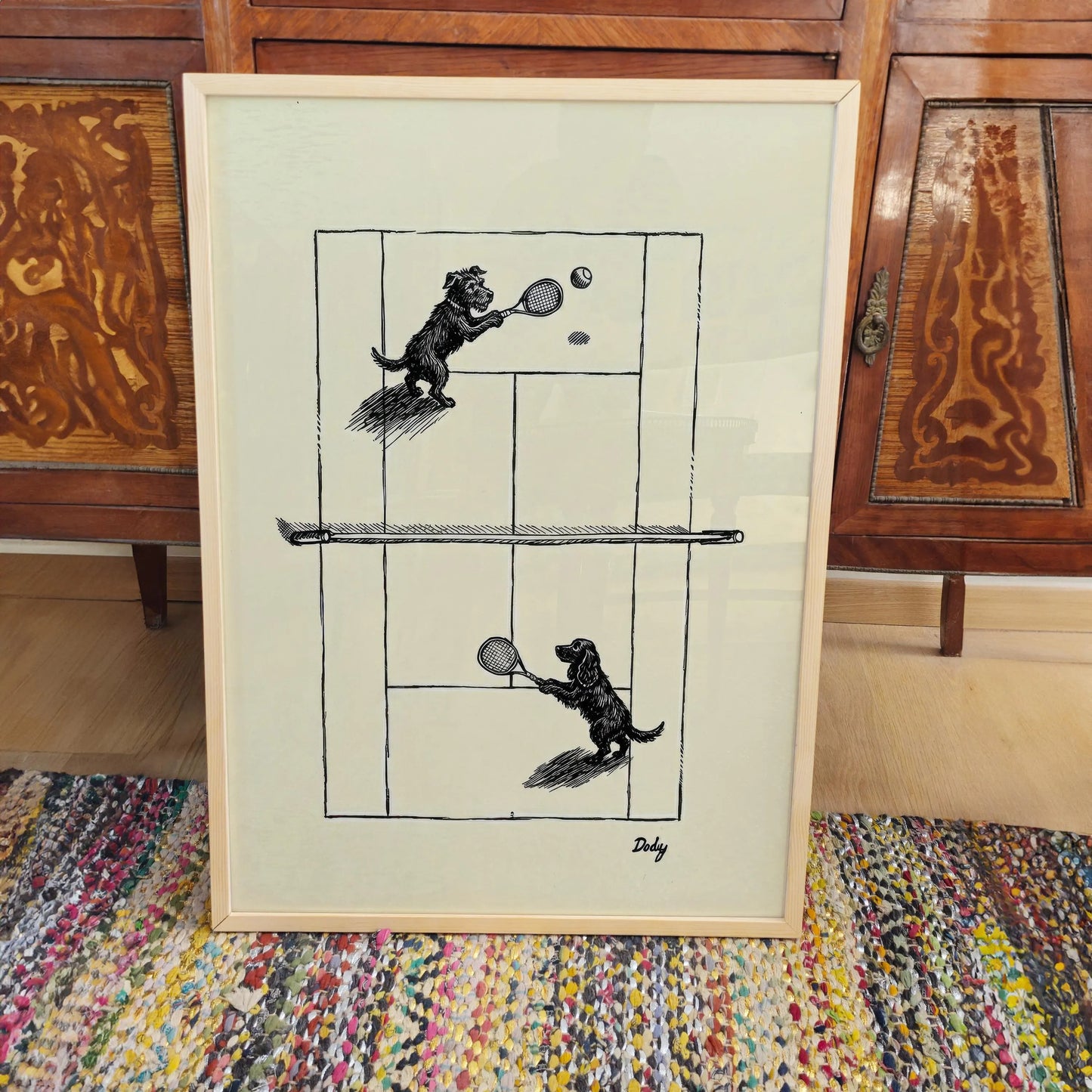 Dogs Playing Tennis Canvas Wall Art, Vintage Ink Drawing Print,