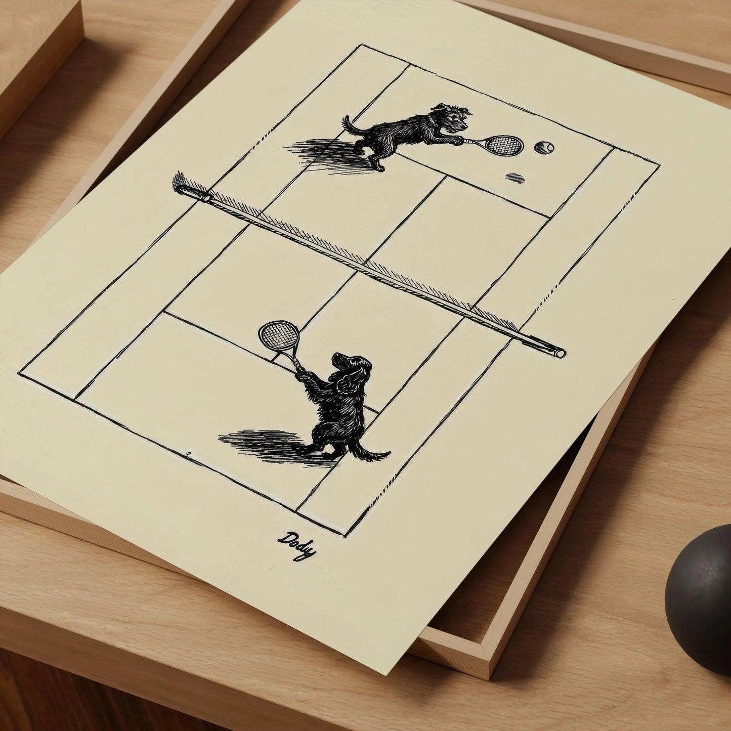 Dogs Playing Tennis Canvas Wall Art, Vintage Ink Drawing Print,