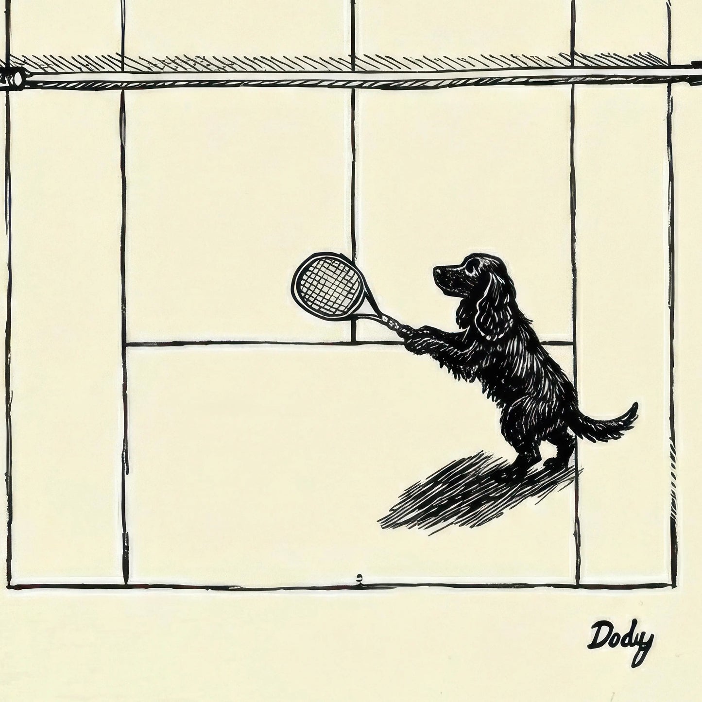 Dogs Playing Tennis Canvas Wall Art, Vintage Ink Drawing Print,